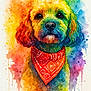 animal, art, bandana, colorful, creative, cute, decorative, dog, drips, expression, face, fur, illustration, multicolor, painting, portrait, rainbow, splashes, vibrant, watercolor