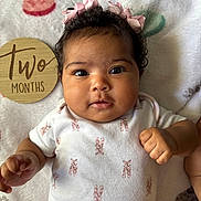 Katalina joined the competition — help win amazing prizes! adorable, baby, baby_girl, blanket, chubby_cheeks, close_up, curly_hair, cute, face, fist, headband, indoors, infant, infant_clothing, lying_down, onesie, portrait, sleeping_mat, soft_texture, two_months