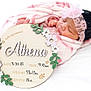 Athena is registered to the contest to win money with this photo: newborn, baby, sleeping, blanket, pink, headband, lace, sign, name, birth, announcement, infant, soft, cute, peaceful, portrait, indoors, wrapped, child, person