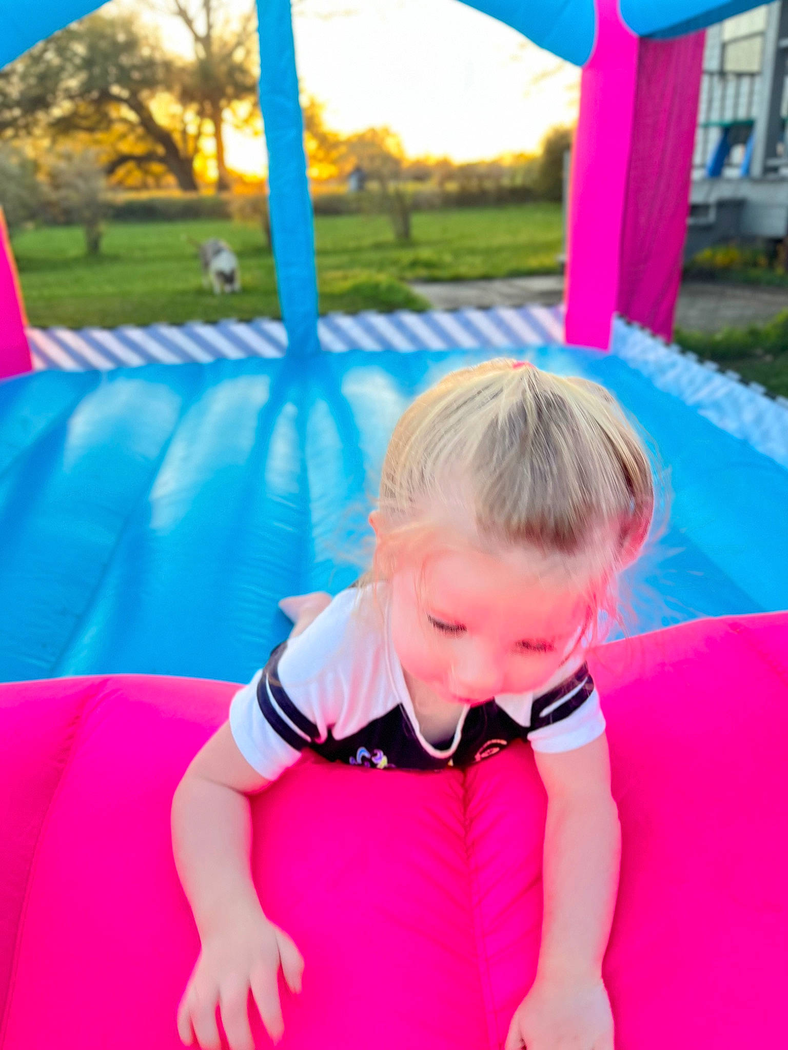 Jonah is registered to the contest to win money with this photo: baby, baby_toddler_clothing, blue, child, chute, electric_blue, fun, grass, green, happy, leisure, outdoor_play_equipment, outdoor_recreation, person, pink, playground, recreation, red, smile, toddler