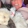 Fancy joined the competition — help win amazing prizes! animal, blanket, cat, closeup, companion, cozy, cute, domestic_animal, face, furry, happy, indoor, knitwear, paw, person, pet, relaxing, smiling, snuggling, whiskers