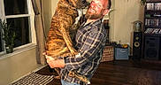 Aries is registered to the contest to win money with this photo: man, dog, indoor, living_room, wooden_floor, window, curtains, plant, balloon, speaker, bookshelf, plaid_shirt, beard, smiling, holding, brown_dog, brindle_dog, casual_clothing, home_decor, happy