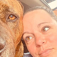 Aries joined the competition — help win amazing prizes! woman, dog, selfie, close_up, brown_dog, indoor, vehicle, portrait, face, pet, friendship, companion, casual, human, animal, looking_away, warm_light, together, headshot, affection