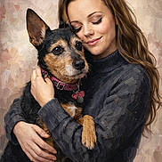 Glitter joined the competition — help win amazing prizes! affection, animal, black_dog, brown_hair, close_up, collar, dog, eyes_closed, hugging, indoor, long_hair, love, painting_style, pet, portrait, smiling, tan_dog, turtleneck, warm_colors, woman
