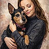 affection, animal, black_dog, brown_hair, close_up, collar, dog, eyes_closed, hugging, indoor, long_hair, love, painting_style, pet, portrait, smiling, tan_dog, turtleneck, warm_colors, woman