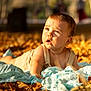 baby, infant, child, blanket, autumn, leaves, outdoor, sunlight, nature, portrait, cute, curious, daylight, skin, clothing, expression, face, toddler, fall, soft