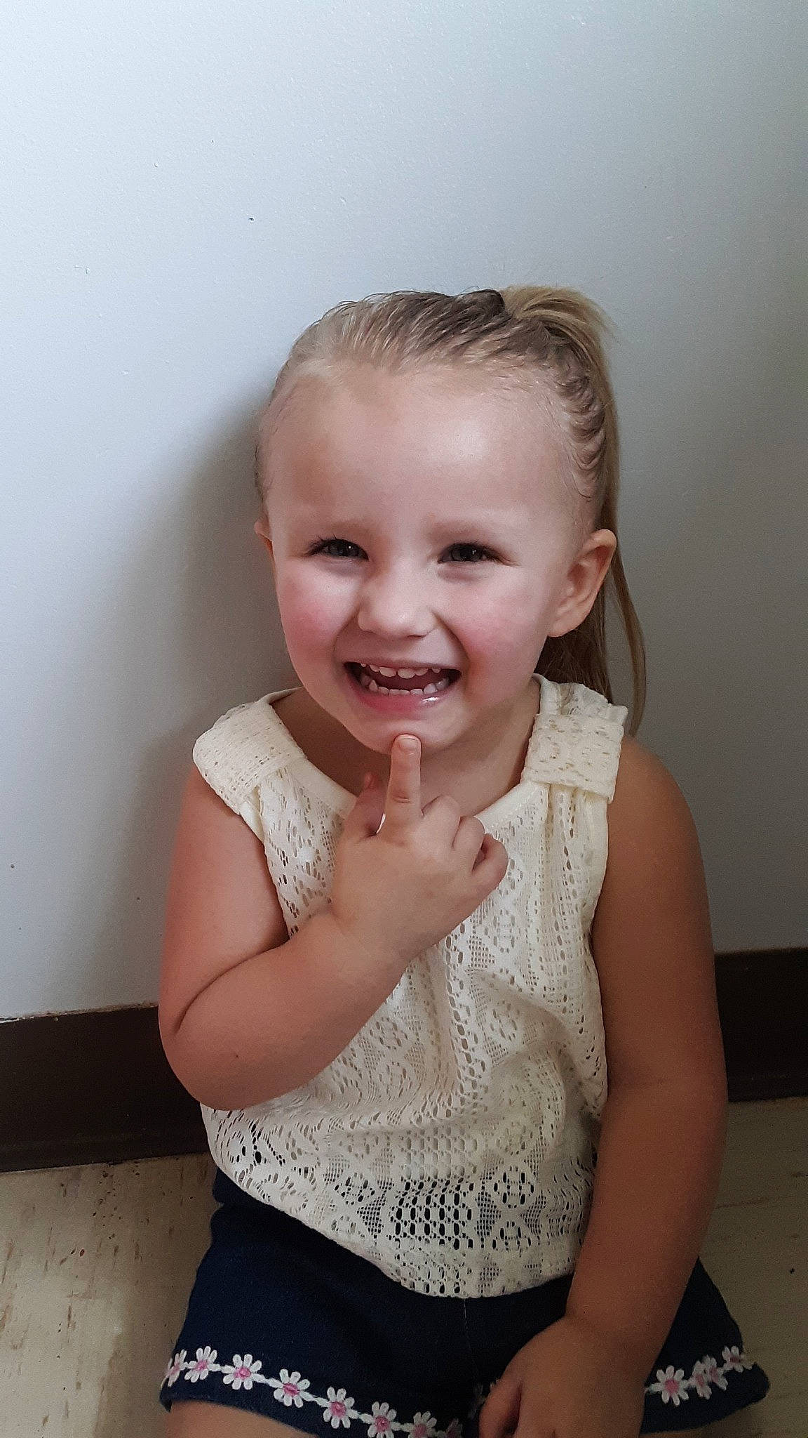 Ameliana joined the competition — help win amazing prizes! arm, baby, blond, cheek, child, chin, face, facial_expression, gesture, happy, head, joy, laugh, mouth, neck, nose, person, skin, smile, standing