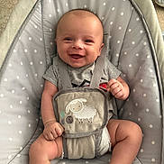 Axel is registered to the contest to win money with this photo: baby, infant, child, smiling, happy, portrait, seated, bouncer, baby_seat, harness, polka_dot, gray, sheep, toy_design, indoors, home, close_up, bare_legs, short_sleeves, photography