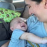 Axel joined the competition — help win amazing prizes! baby, infant, adult, mother, smiling, happy, portrait, candid, car, car_seat, vehicle, indoor, daylight, family, parenting, blue_shirt, baby_clothing, monkey_pattern, child, interaction