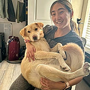 Suni joined the competition — help win amazing prizes! casual_clothing, chair, dog, flooring, happy, holding, indoor, jackets, natural_light, pet, portrait, relaxed, sitting, smiling, suitcase, tripod, watch, window, woman, yellow_dog