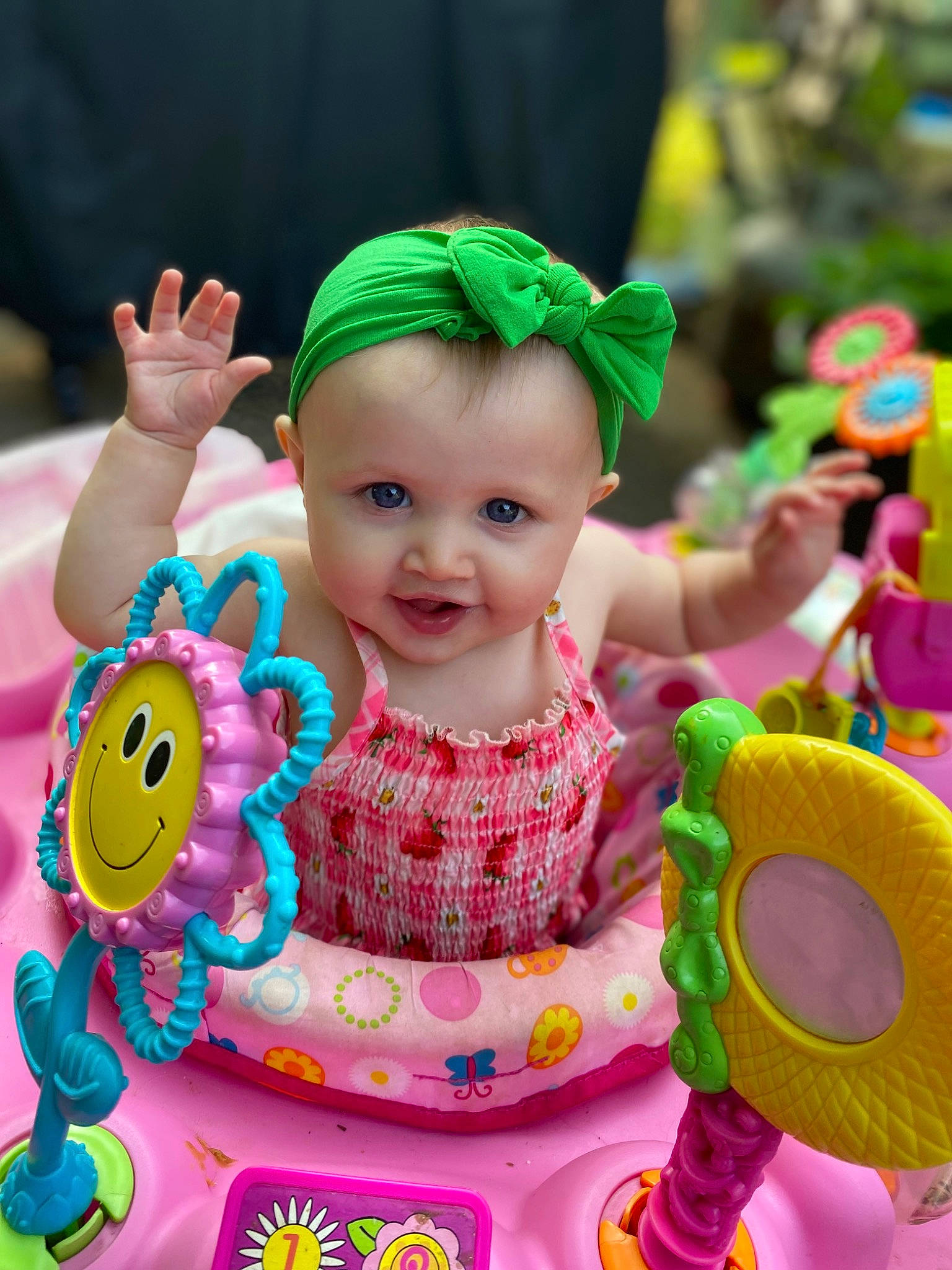Evie is registered to the contest to win money with this photo: baby, baby_products, baby_toddler_clothing, child, costume, event, fun, happy, leisure, magenta, party_supply, person, pink, play, recreation, riding_toy, smile, snapshot, sweetness, toddler