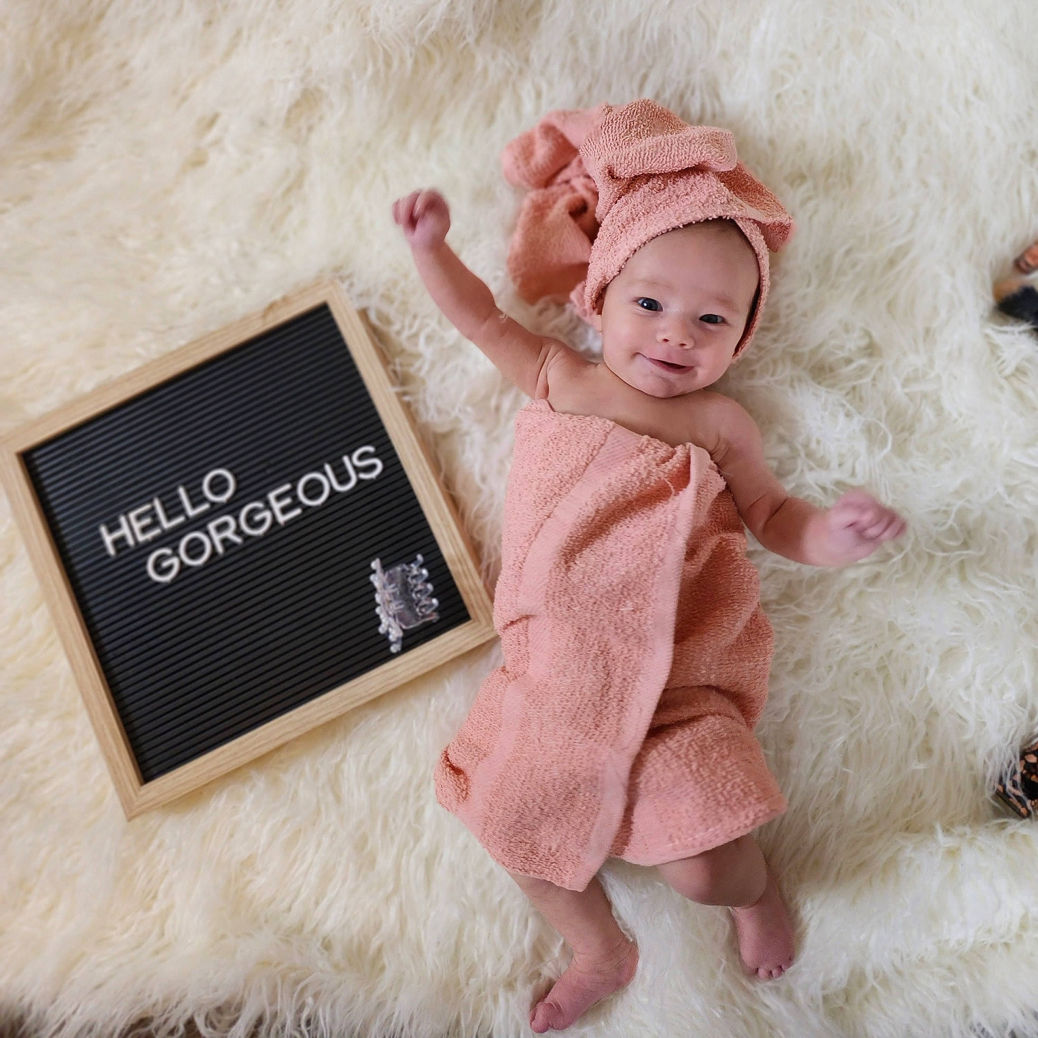 Aubriella joined the competition — help win amazing prizes! baby, baby_toddler_clothing, beauty, child, fashion_accessory, fur, happy, linens, magenta, pattern, peach, person, pink, product, rectangle, room, sleeve, smile, textile, toddler