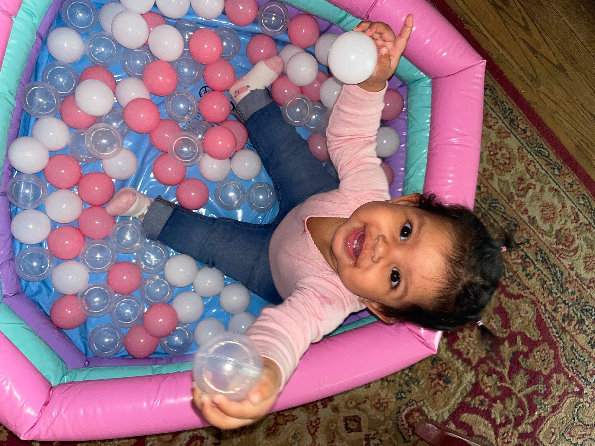 Marianna joined the competition — help win amazing prizes! baby, baby_products, baby_toddler_clothing, baby_toys, child, circle, comfort, fun, happy, magenta, pattern, person, pink, plastic, play, room, sitting, smile, snapshot, textile