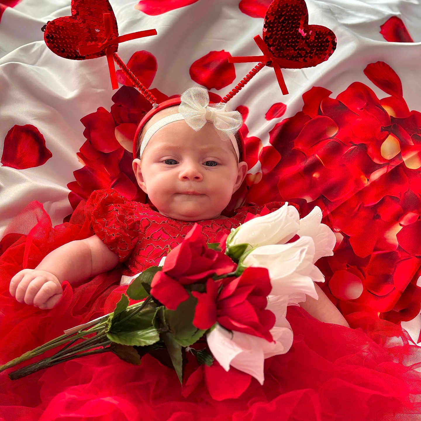 Mckenna joined the competition — help win amazing prizes! adorable, baby, bed, bouquet, child, close_up, cute, fabric, headband, heart_antenna, infant, laying, portrait, red, red_dress, rose_petals, roses, tulle, valentine_theme, white