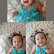 Ainara Jazmin participe au concours pour gagner de l'argent avec cette photo : baby, child, infant, girl, pigtails, smiling, cute, blue_dress, floral_pattern, bed, pillow, happy, portrait, indoors, sleepwear, skin, person, lying_down, young, expression