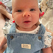 Gracie joined the competition — help win amazing prizes! baby, denim, peter_rabbit, clothing, infant, face, person, bed, hand, nail_polish, skin, cute, portrait, child, fabric, sitting, home, soft_lighting, closeup, casual