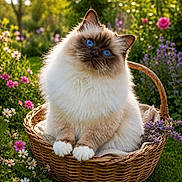 Ténor participe au concours pour gagner de l'argent avec cette photo : cat, fluffy, blue_eyes, basket, flowers, garden, outdoor, sunlight, nature, greenery, cute, pet, animal, sitting, curious, head_tilt, soft_fur, colorful, spring, relaxing