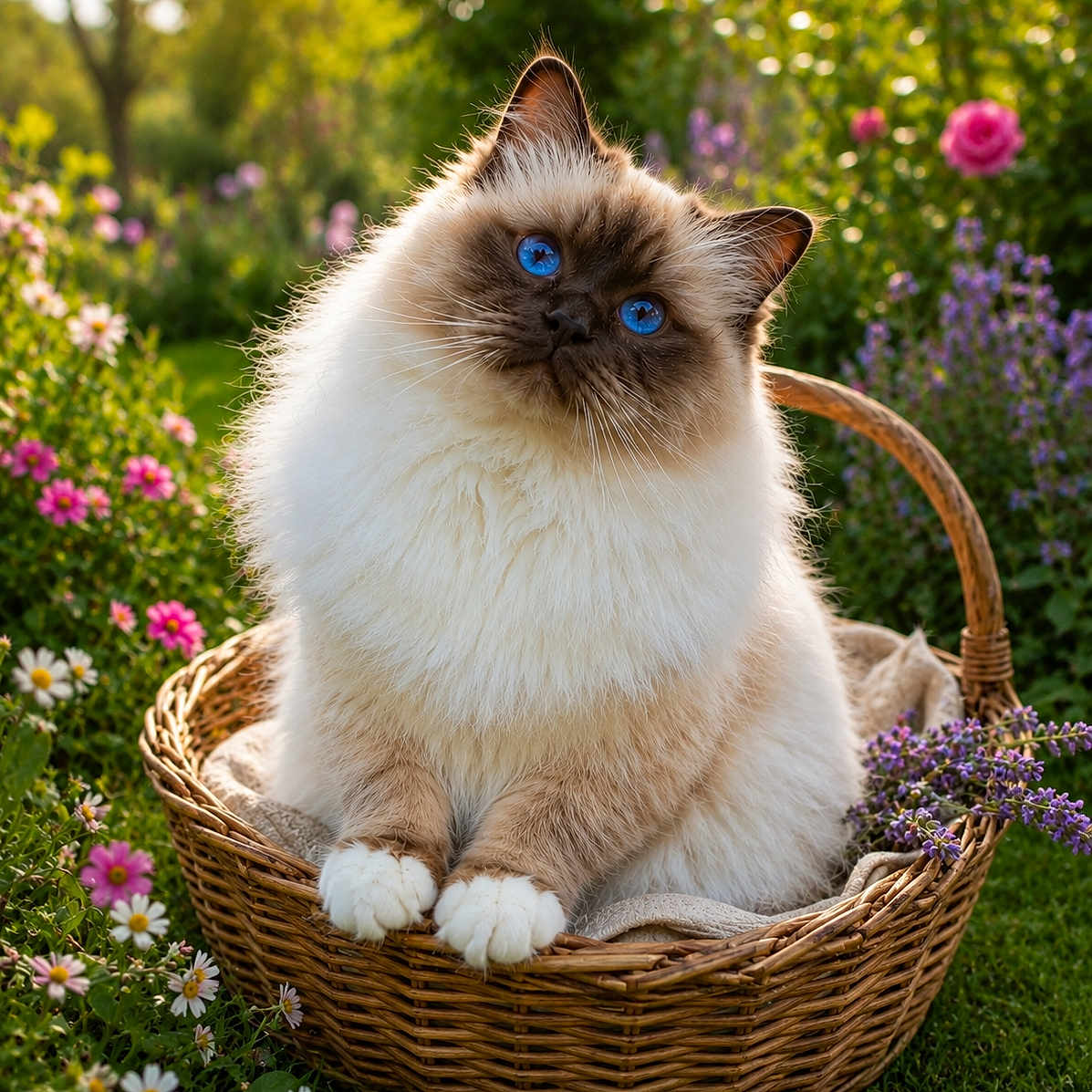 Ténor participe au concours pour gagner de l'argent avec cette photo : cat, fluffy, blue_eyes, basket, flowers, garden, outdoor, sunlight, nature, greenery, cute, pet, animal, sitting, curious, head_tilt, soft_fur, colorful, spring, relaxing