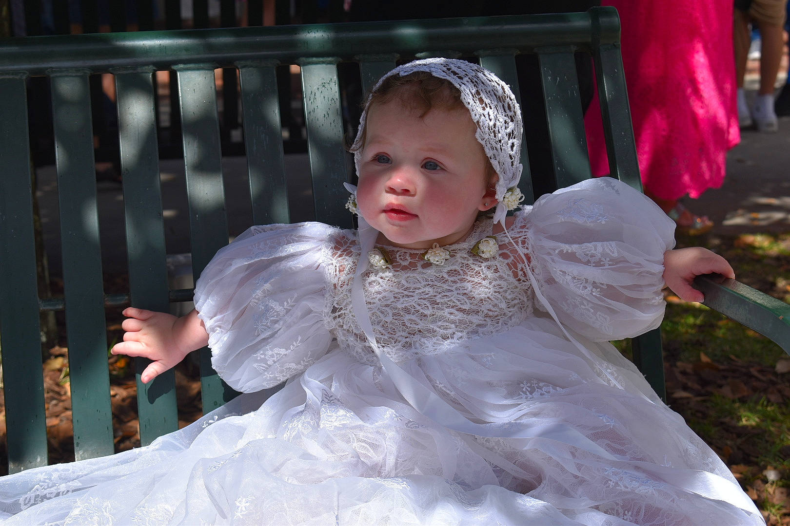 Erin joined the competition — help win amazing prizes! baby, baby_toddler_clothing, bridal_accessory, child, dress, embellishment, event, fashion_accessory, flash_photography, fun, gown, happy, headpiece, headwear, jewellery, person, pink, sitting, sleeve, smile