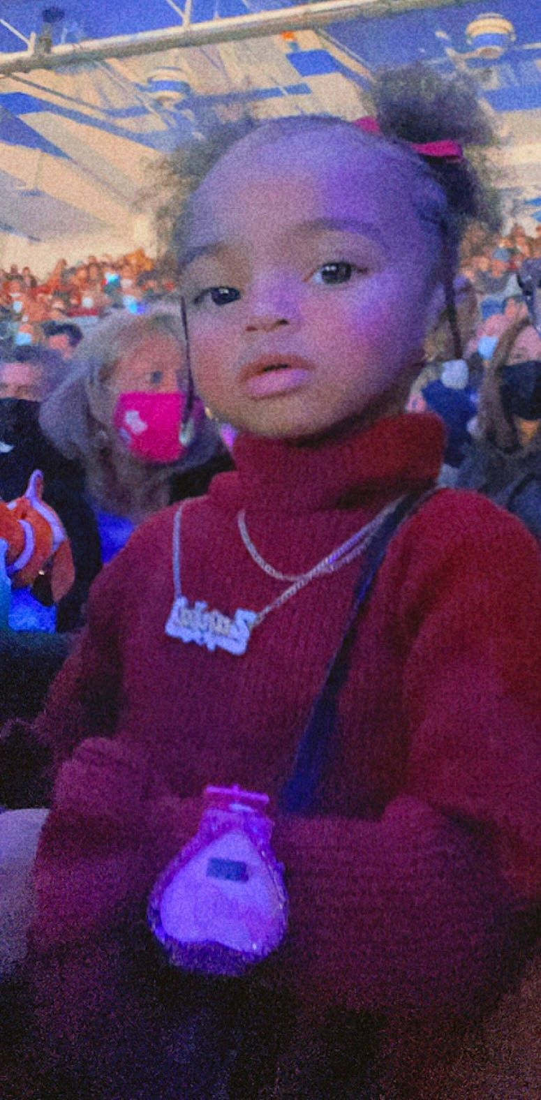 Zaria joined the competition — help win amazing prizes! baby, cheek, child, christmas, ear, electric_blue, event, eye, fun, hairstyle, happy, lighting, magenta, person, pink, plant, purple, standing, toddler, tree