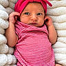 Aria joined the competition — help win amazing prizes! newborn, baby, infant, child, portrait, lying_down, wide_eyes, face, hands, pink_bow, headband, striped_clothing, red, white, blanket, cozy, indoors, close_up, fashion, photography