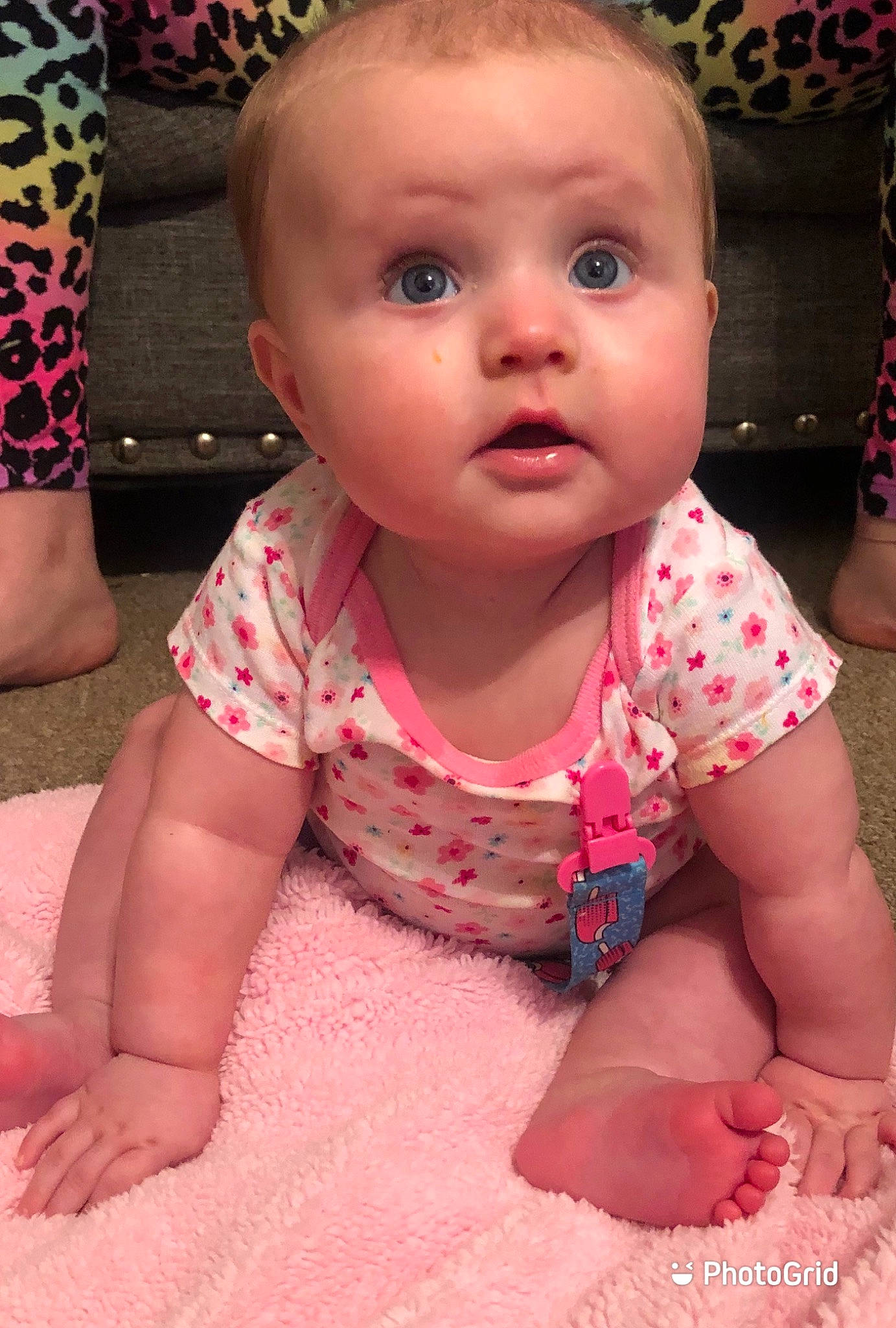 Kynsleigh is registered to the contest to win money with this photo: baby, baby_toddler_clothing, cheek, child, eye, face, head, iris, lip, mouth, nose, person, pink, skin, smile, surprise, toddler