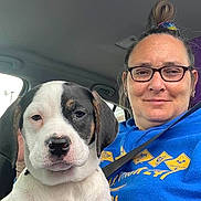Bailey joined the competition — help win amazing prizes! woman, dog, puppy, car, selfie, seatbelt, glasses, casual, indoor, portrait, smile, black_and_white_dog, blue_hoodie, short_hair, tie_dye_hair_tie, seat, window, daylight, closeup, companion