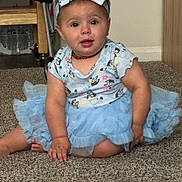 Jazmine is registered to the contest to win money with this photo: baby, child, tutu, headband, carpet, indoor, person, blue_clothing, sitting, cute, young_child, furniture, floor, expression, portrait, hand, foot, necklace, background, home