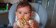 Ysalia participe au concours pour gagner de l'argent avec cette photo : baby, high_chair, spoon, messy_face, curly_hair, blue_eyes, feeding, kitchen, indoor, bib, food_smear, child, person, furniture, table, curious, messy, infant, face, hands