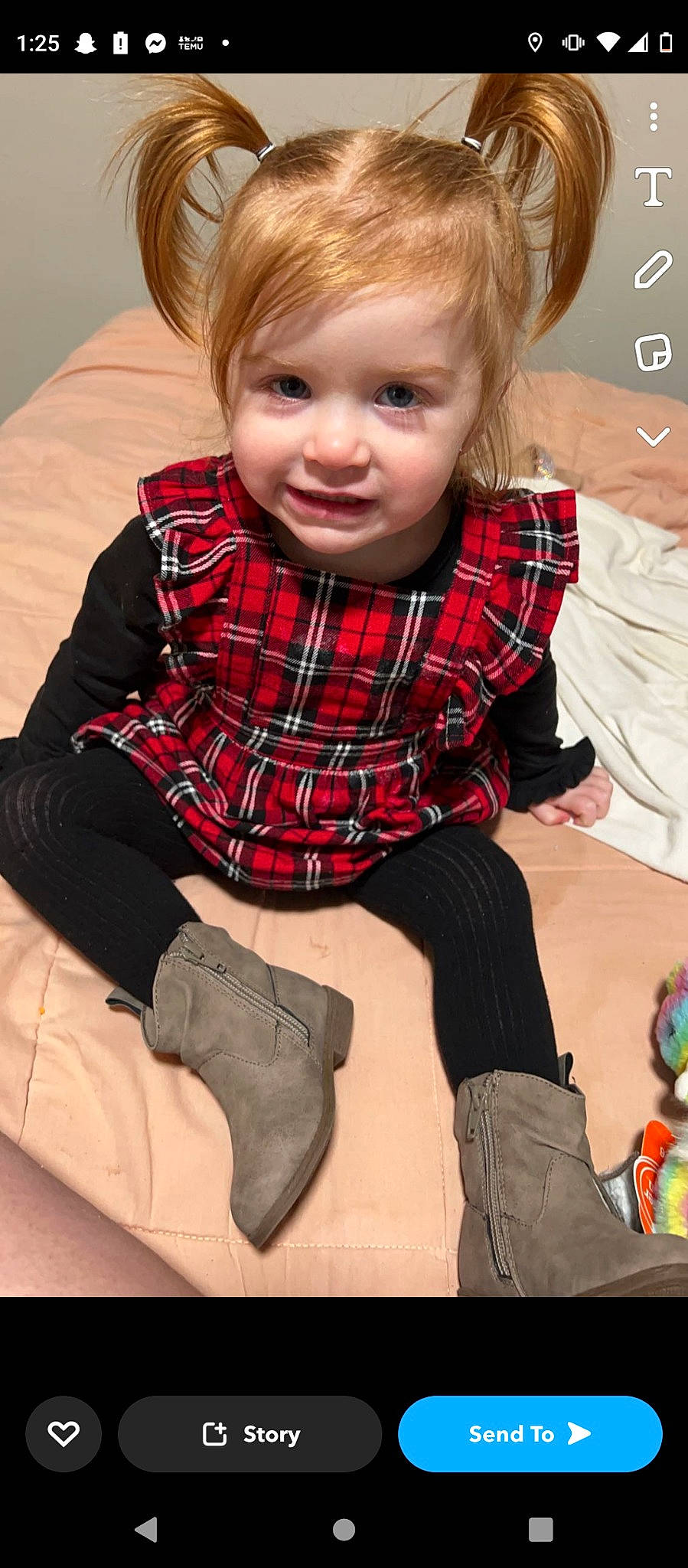 Aurora joined the competition — help win amazing prizes! child, collar, dress, dress_shirt, eye, fashion, hairstyle, happy, head, human_body, knee, pattern, person, plaid, shoe, skin, sleeve, tartan, textile, toddler