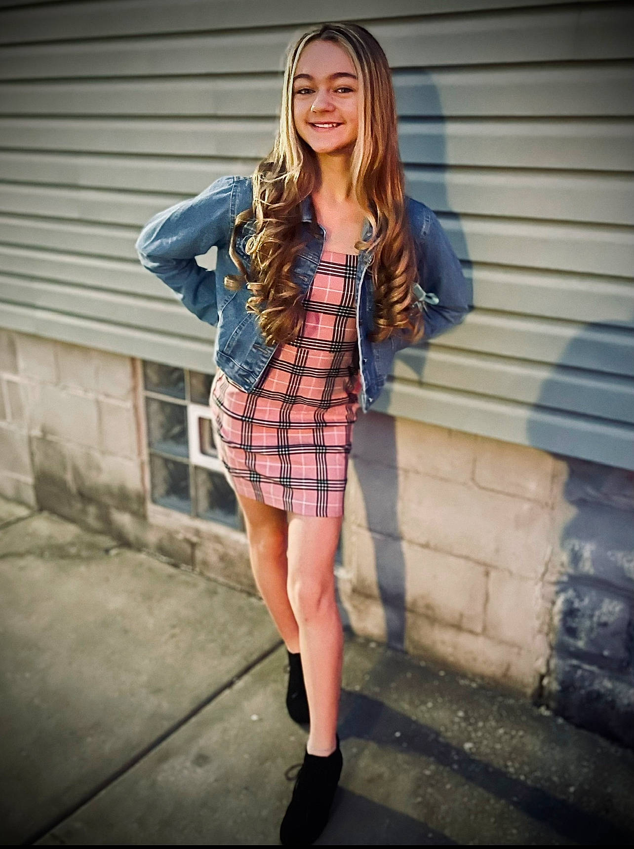 Madison joined the competition — help win amazing prizes! blazer, denim, electric_blue, face, fashion_design, fashion_model, flash_photography, hair, joy, knee, leather_jacket, lip, outerwear, person, pink, plaid, sleeve, street_fashion, t_shirt, tartan