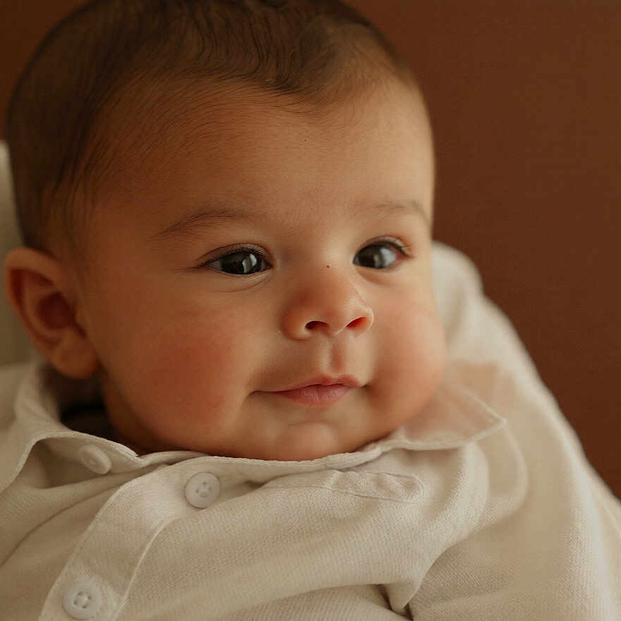 Lukyan a rejoint le concours — aidez-le/la à gagner de superbes lots ! baby, brown_background, buttons, cheeks, child, closeup, cozy, cute, ear, eyelashes, eyes, face, head, infant, portrait, seated, skin, smile, soft_light, white_shirt