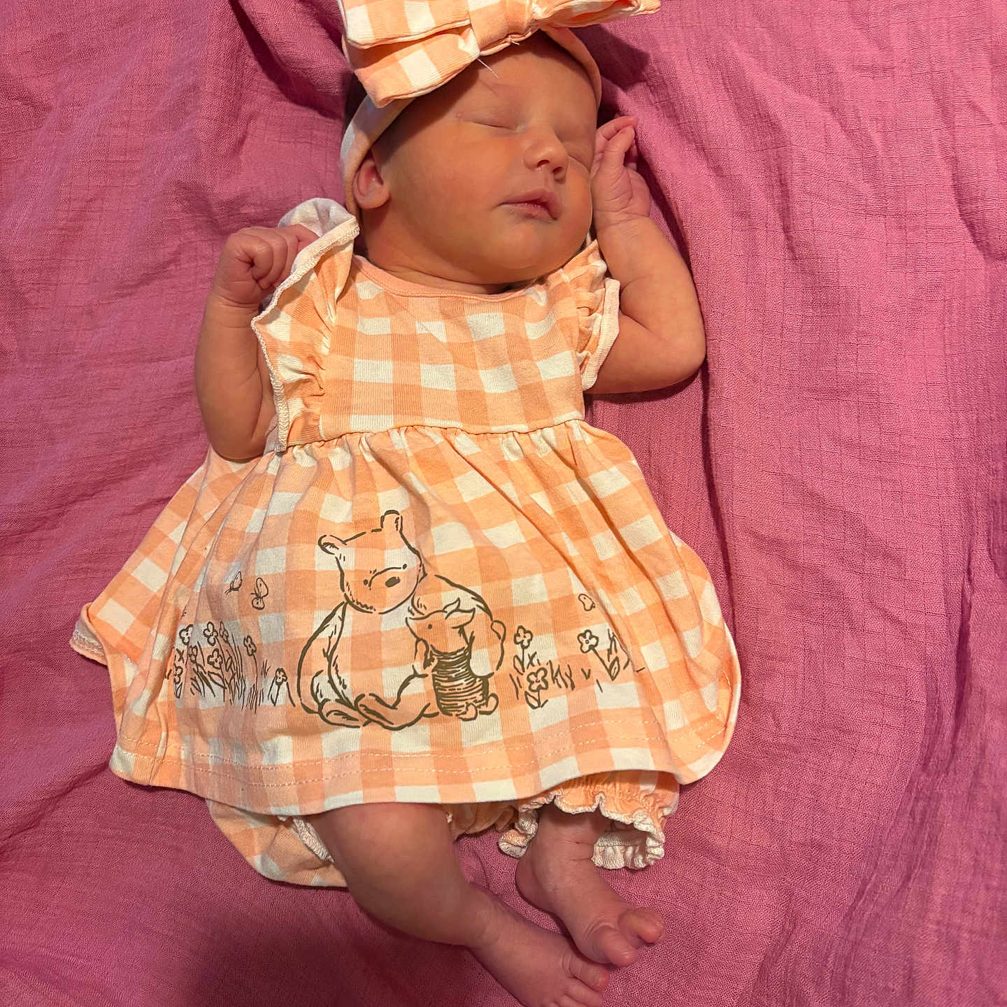 Zayla joined the competition — help win amazing prizes! baby, newborn, sleeping, dress, headband, bow, pink_blanket, infant, cute, peaceful, clothing, tiny_toes, soft_texture, lying_down, adorable, child, portrait, close_up, comfort, resting