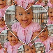 Emely joined the competition — help win amazing prizes! baby, child, smiling, tongue_out, pink_clothing, heart_shape, collage, multiple_images, indoor, window, cute, portrait, happy, young_child, infant, pattern, face, person, playful, adorable