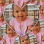 baby, child, smiling, tongue_out, pink_clothing, heart_shape, collage, multiple_images, indoor, window, cute, portrait, happy, young_child, infant, pattern, face, person, playful, adorable