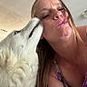 Luna is registered to the contest to win money with this photo: affection, animal, casual, closeup, cute, dog, expression, face, friendship, head, human, indoor, licking, lipstick, long_hair, love, pet, skin, white_dog, woman
