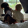 Makai is registered to the contest to win money with this photo: back_view, bond, child, companionship, curiosity, curtain, cushion, daylight, dog, fur, hand, home, indoor, nature, pet, quiet, sitting, toddler, window, window_seat