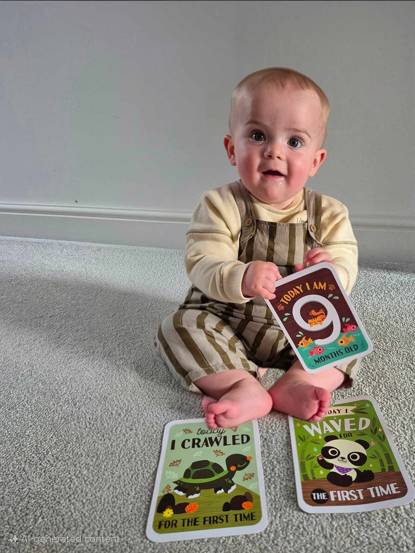 Kaladin is registered to the contest to win money with this photo: baby, child, infant, milestone_card, carpet, sitting, smiling, cute, clothing, striped_overalls, milestone, indoor, floor, person, young_child, happy, face, hands, feet, toy_card