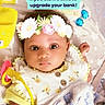 Nariah joined the competition — help win amazing prizes! baby, infant, blanket, pacifier, flower_crown_filter, yellow_clothing, embroidery, soft_toy, mesh_background, star_pattern, lying_down, wide_eyes, cute, indoors, child, portrait, colorful, fabric, playful, text_overlay