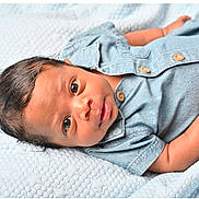 Jaxon is registered to the contest to win money with this photo: baby, infant, child, denim_shirt, blue_blanket, cute, portrait, lying_down, skin, face, eyes, hand, clothing, newborn, soft_texture, button, person, closeup, indoors, expression