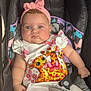 adorable, baby, baby_clothes, butterfly, cheeks, child, clothing, colorful, cute, giraffe, headband, infant, outdoor, pattern, pink, portrait, pout, seatbelt, stroller, toddler