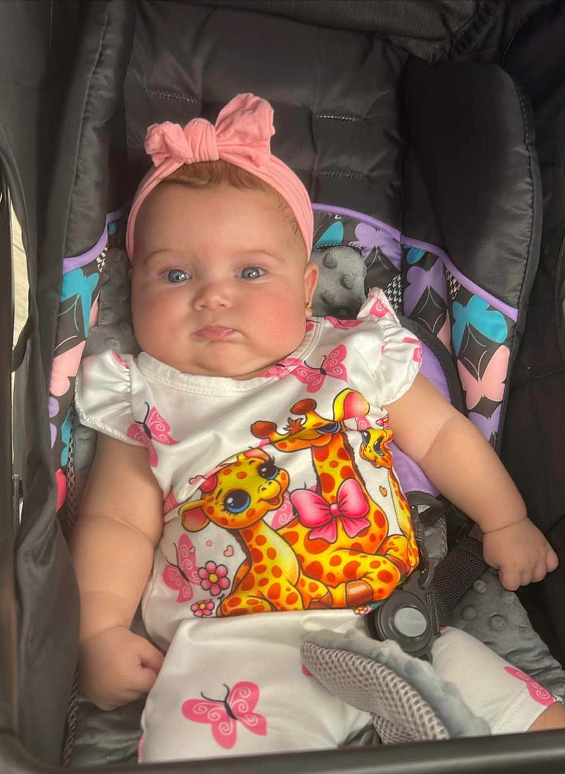 Evolet Cueto is registered to the contest to win money with this photo: adorable, baby, baby_clothes, butterfly, cheeks, child, clothing, colorful, cute, giraffe, headband, infant, outdoor, pattern, pink, portrait, pout, seatbelt, stroller, toddler