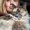 Bell is registered to the contest to win money with this photo: cat, calico_cat, fluffy, longhaired, pet, animal, feline, whiskers, green_eyes, portrait, selfie, woman, person, kissing, indoors, close_up, fur, ears, face, cute