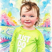 Navaya joined the competition — help win amazing prizes! abstract_background, art, blue_eyes, bright_colors, child, clothing, cute, expression, face, green_shirt, hair, happy, illustration, painting, portrait, slogan, smile, toddler, watercolor, young_child