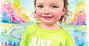 Navaya joined the competition — help win amazing prizes! abstract_background, art, blue_eyes, bright_colors, child, clothing, cute, expression, face, green_shirt, hair, happy, illustration, painting, portrait, slogan, smile, toddler, watercolor, young_child