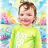 abstract_background, art, blue_eyes, bright_colors, child, clothing, cute, expression, face, green_shirt, hair, happy, illustration, painting, portrait, slogan, smile, toddler, watercolor, young_child