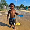 child, water, splash_pad, outdoor, summer, barefoot, playful, sunny, blue_sky, water_spray, shorts, wet_skin, fun, park, daylight, happy, boy, recreation, nature, motion