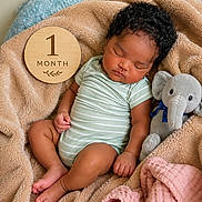 Zyhir joined the competition — help win amazing prizes! baby, infant, sleeping, blanket, plush_toy, elephant, wooden_plaque, milestone, onesie, striped_clothing, soft_texture, pink_blanket, blue_blanket, curly_hair, indoors, resting, cute, peaceful, child, newborn