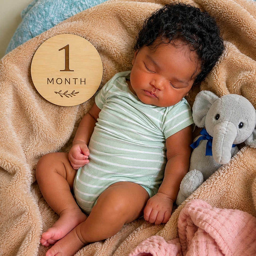 Zyhir joined the competition — help win amazing prizes! baby, infant, sleeping, blanket, plush_toy, elephant, wooden_plaque, milestone, onesie, striped_clothing, soft_texture, pink_blanket, blue_blanket, curly_hair, indoors, resting, cute, peaceful, child, newborn
