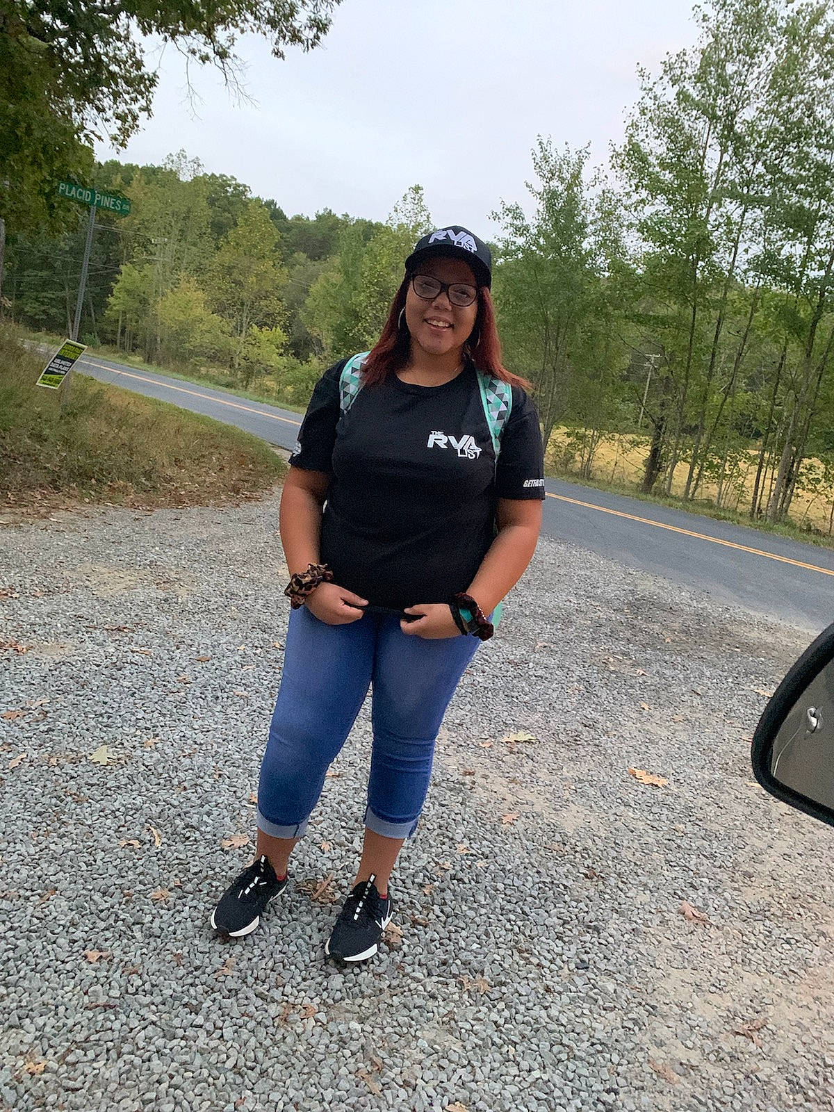 Kaylea is registered to the contest to win money with this photo: asphalt, black_hair, denim, electric_blue, footwear, fun, jeans, joy, leg, leisure, person, photography, plant, recreation, road, shoe, t_shirt, textile, tree, trousers